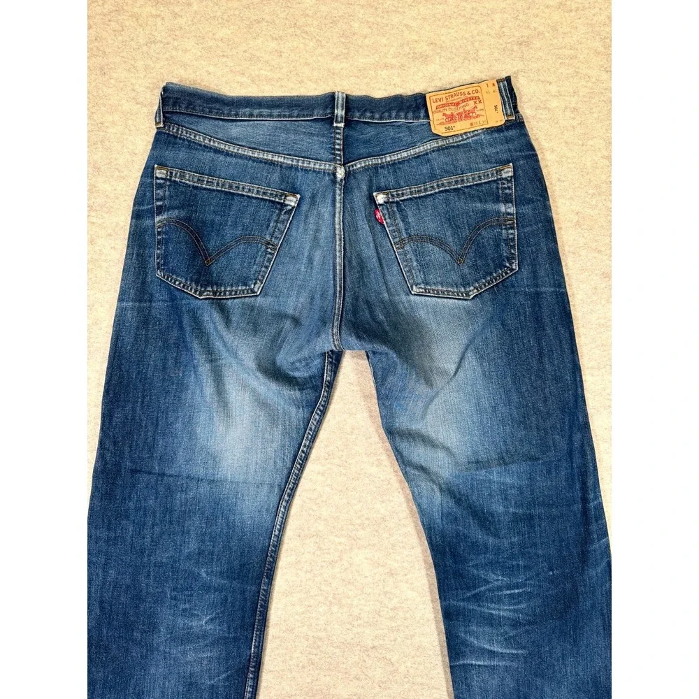 Levis 501 Original Jeans Mens 38x34 Blue Distressed Denim Cotton Straight Leg